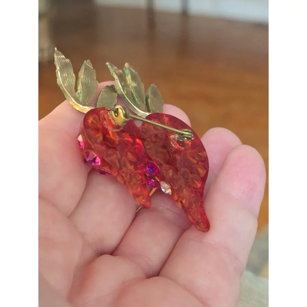 Rare FORBIDDEN FRUIT Radish HOT PINK Rhinestone LUCITE PIN BROOCH Vintage